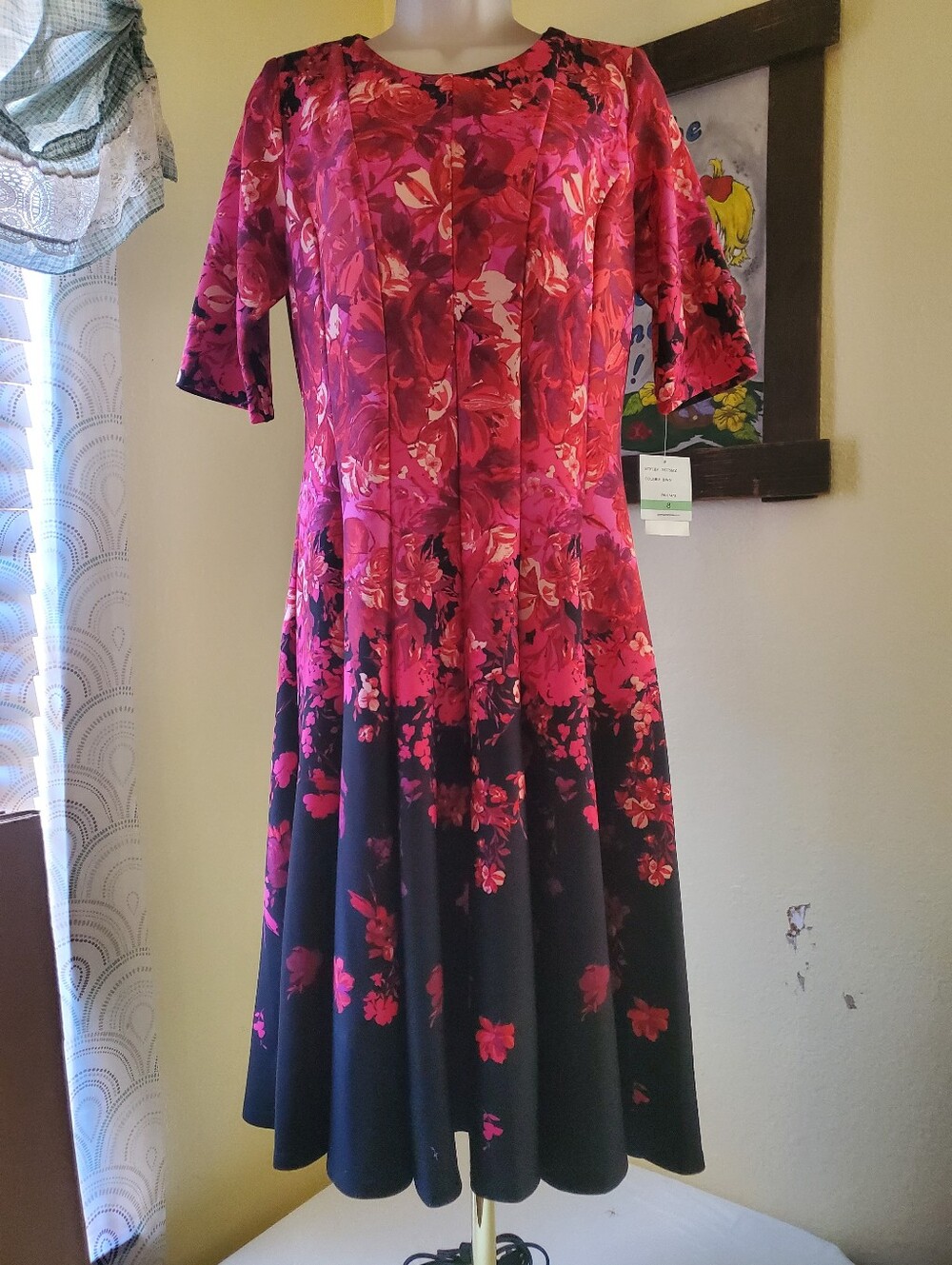 Danny & Nicole Fuchsia and Black Floral Fit-and-Flare Midi Dress